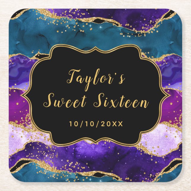 Purple and Blue Peacock Agate Sweet Sixteen Square Paper Coaster (Front)