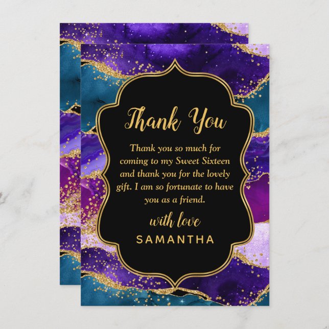 Purple and Blue Peacock Agate Sweet Sixteen Thank You Card (Front/Back)