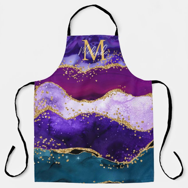 Purple and Blue Peacock Faux Glitter Agate Apron (Front)