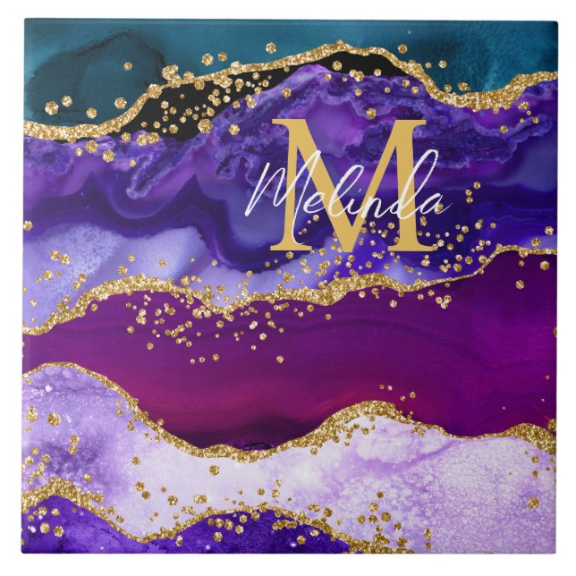 Purple and Blue Peacock Faux Glitter Agate Ceramic Tile (Front)