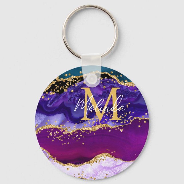 Purple and Blue Peacock Faux Glitter Agate Key Ring (Front)