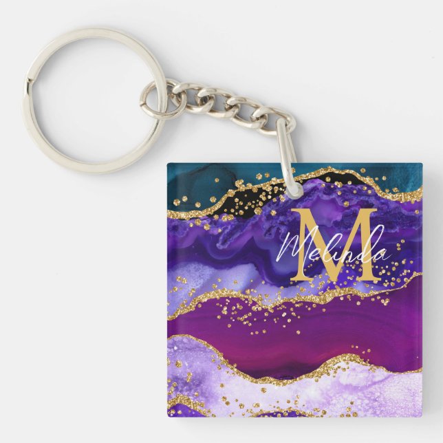 Purple and Blue Peacock Faux Glitter Agate Key Ring (Front)