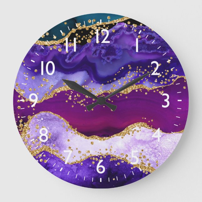 Purple and Blue Peacock Faux Glitter Agate Large Clock (Front)