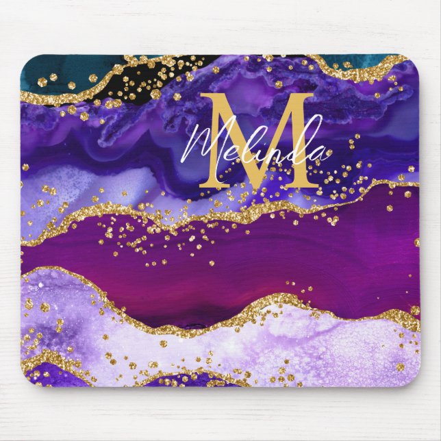 Purple and Blue Peacock Faux Glitter Agate Mouse Pad (Front)