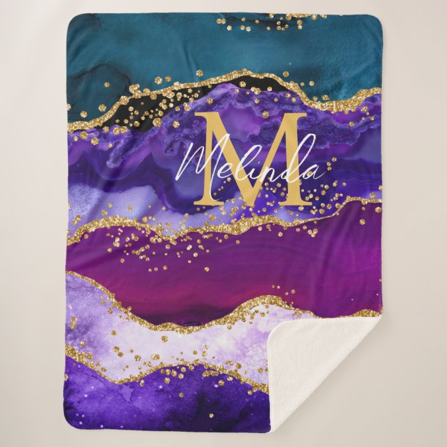 Purple and Blue Peacock Faux Glitter Agate Sherpa Blanket (Front)