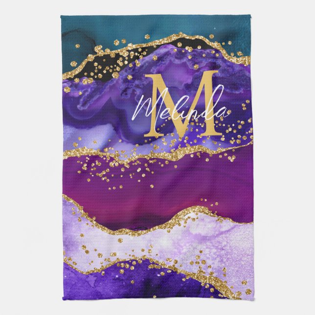 Purple and Blue Peacock Faux Glitter Agate Tea Towel (Vertical)
