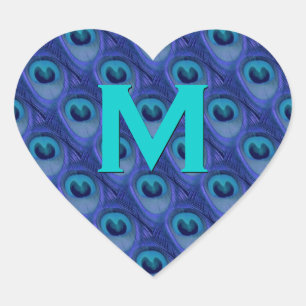 Purple and Blue Peacock Monogram Wedding Heart Heart Sticker