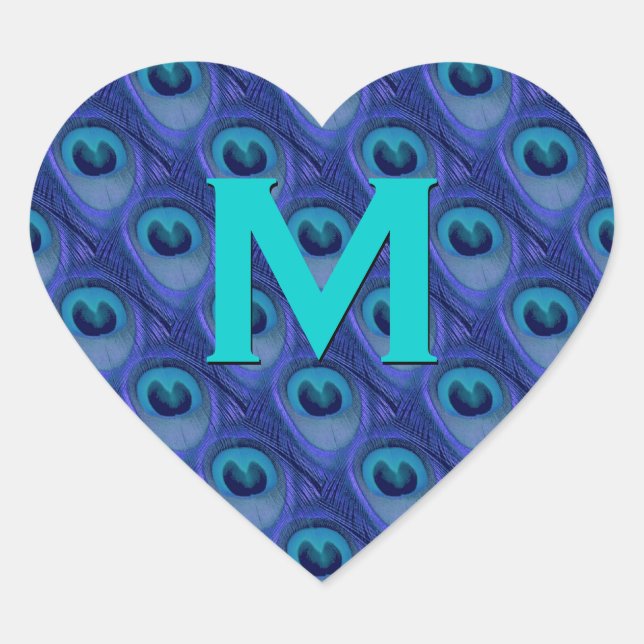 Purple and Blue Peacock Monogram Wedding Heart Heart Sticker (Front)