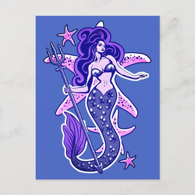 Purple And Blue Retro Pin-Up Mermaid Postcard (Front)