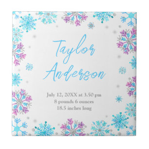 Purple and Blue Snowflakes Baby Birth Statistics Ceramic Tile