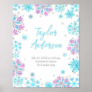 Purple and Blue Snowflakes Baby Birth Statistics Poster