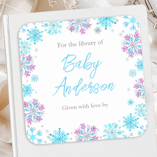 Purple and Blue Snowflakes Baby Shower Bookplate Square Sticker (Creator Uploaded)