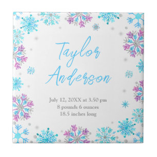 Purple and Blue Snowflakes Birth Stats Ceramic Tile