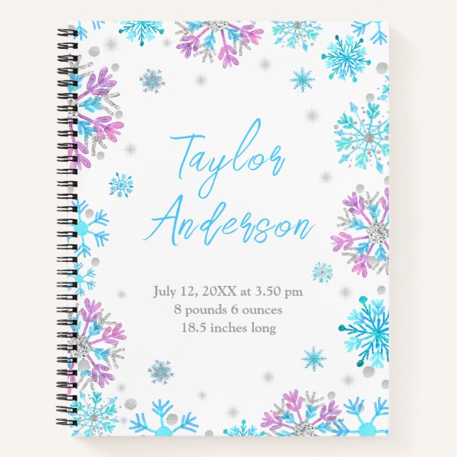 Purple and Blue Snowflakes Birth Stats Notebook (Front)