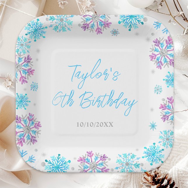 Purple and Blue Snowflakes Birthday Party Paper Plate (Creator Uploaded)