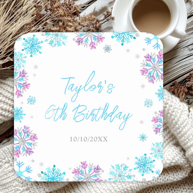 Purple and Blue Snowflakes Birthday Party Square Paper Coaster (Creator Uploaded)