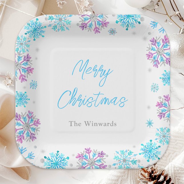 Purple and Blue Snowflakes Christmas Party Paper Plate (Creator Uploaded)