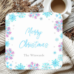 Purple and Blue Snowflakes Christmas Party Square Paper Coaster