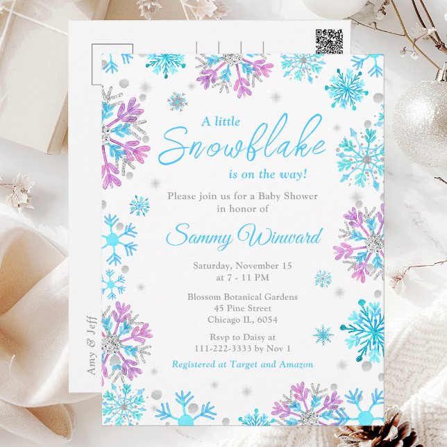 Purple and Blue Snowflakes Winter Baby Shower Postcard (Creator Uploaded)