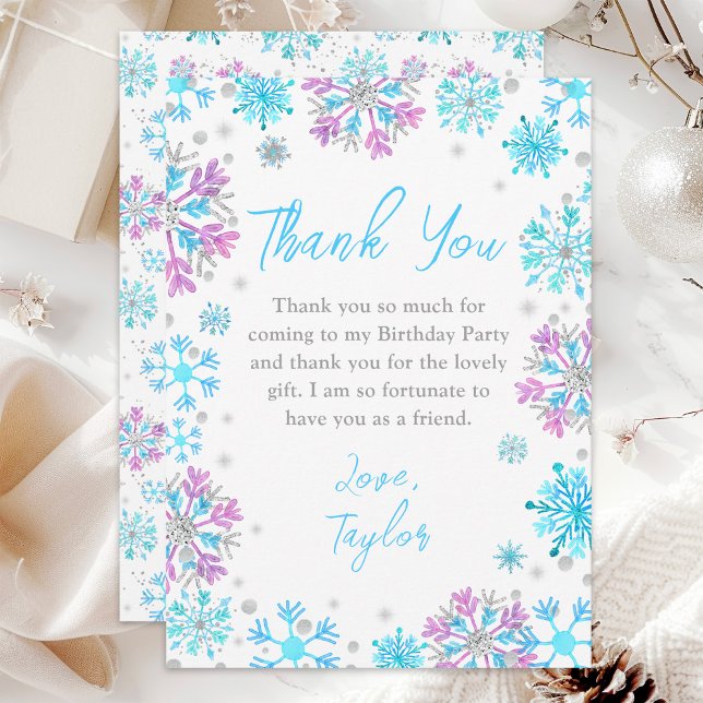 Purple and Blue Snowflakes Winter Birthday Party Thank You Card (Creator Uploaded)