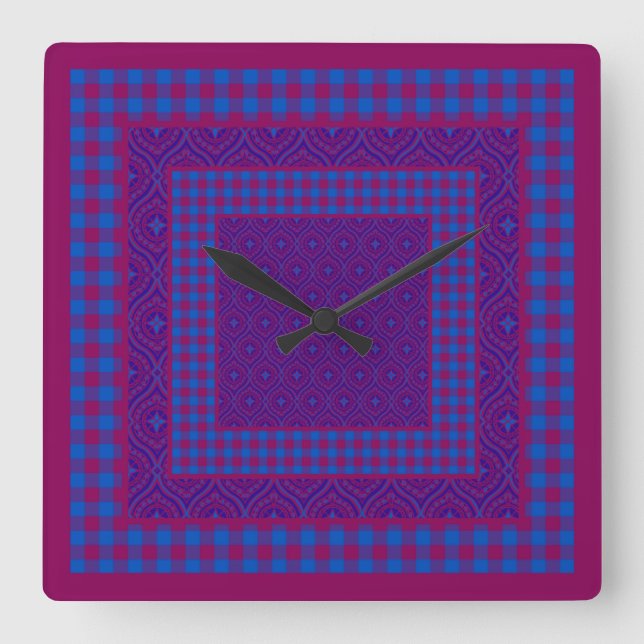 Purple and Blue Square Wall Clock, Checks, Ogees Clock (Front)