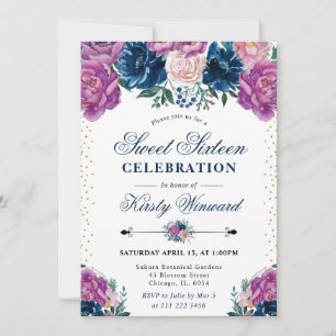 Purple and Blue Summer Boho Flowers Sweet Sixteen Invitation