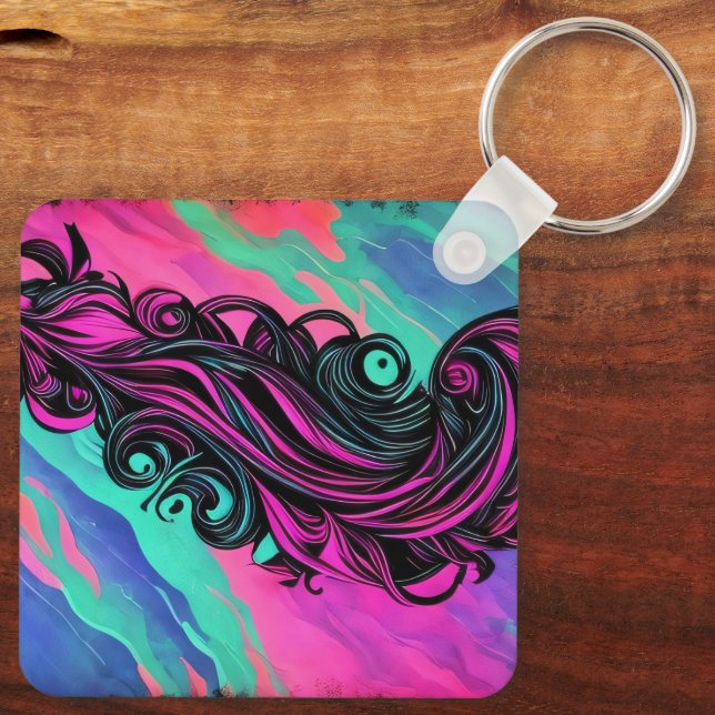 Purple and Blue Swirl Art Plate Key Ring (Back)