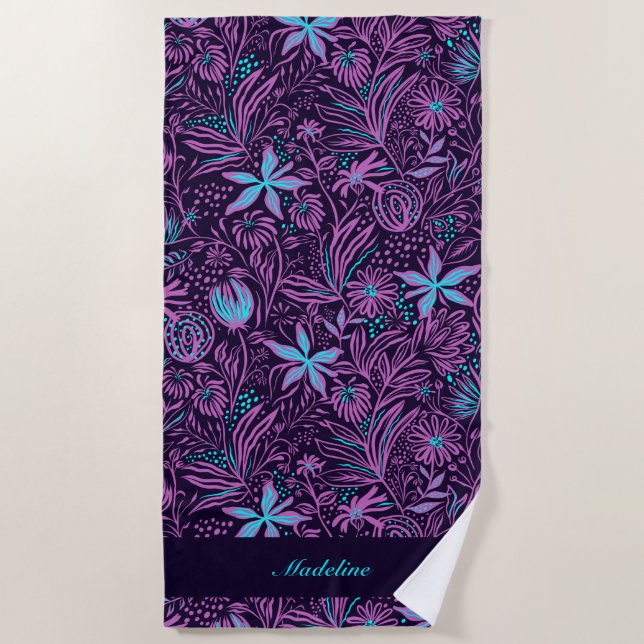 Purple and Blue Tropical Flowers | Custom Beach Towel (Front)