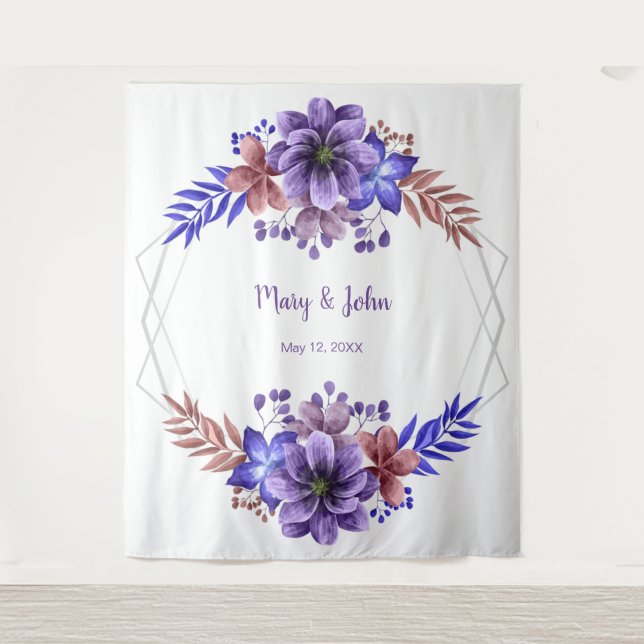 Purple And Blue Watercolor Floral Photo Backdrop Tapestry (Front)