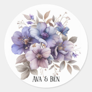 Purple and Blue Watercolor Floral Wedding Classic Round Sticker