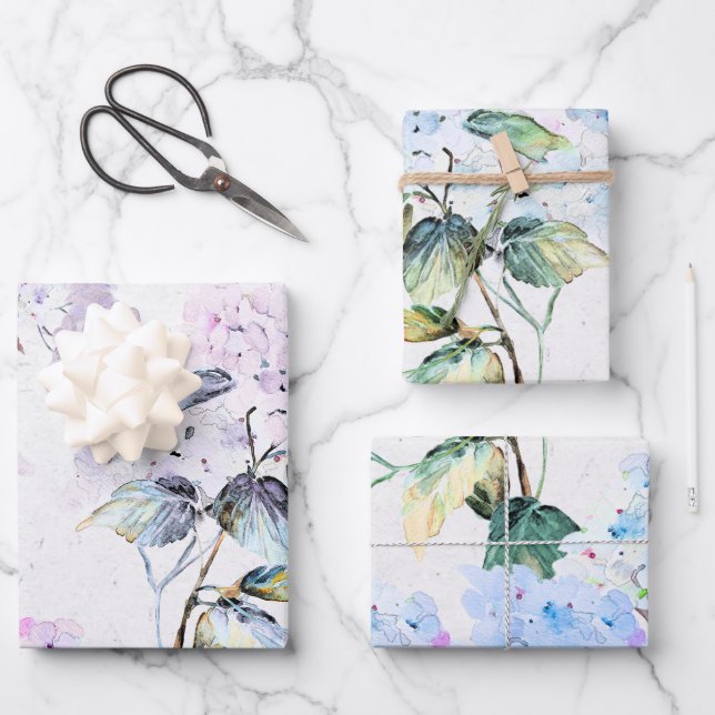 Purple and Blue Watercolor Hydrangea Flowers Wrapping Paper Sheet (Front)