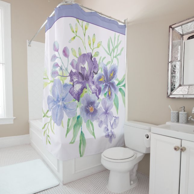 Purple and blue watercolor irises shower curtain (In Situ)