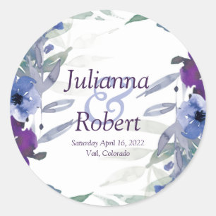 Purple and blue watercolor  wedding classic round  sticker
