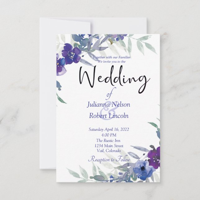 Purple and blue watercolor wedding invitation (Front)