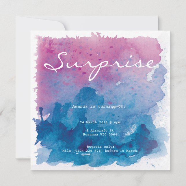 Purple and Blue Watercolour Surprise Birthday Invitation (Front)