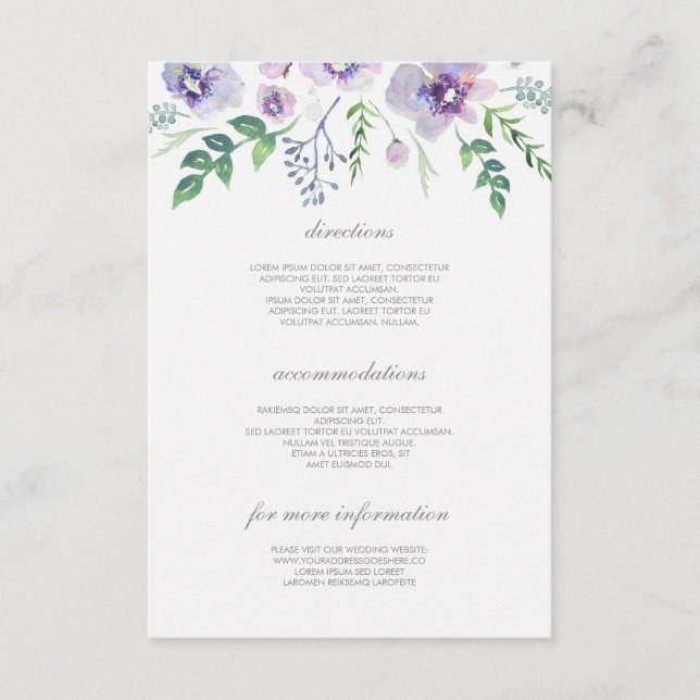 Purple and Blue Wedding Details - Information Enclosure Card (Front)