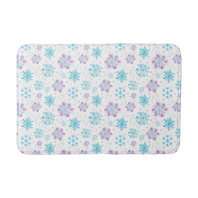 Purple and Blue Winter Snowflakes Bath Mat (Front)