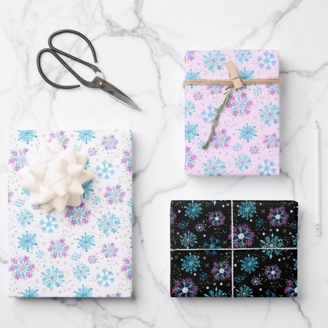Purple and Blue Winter Snowflakes Pattern Wrapping Paper Sheet (Front)