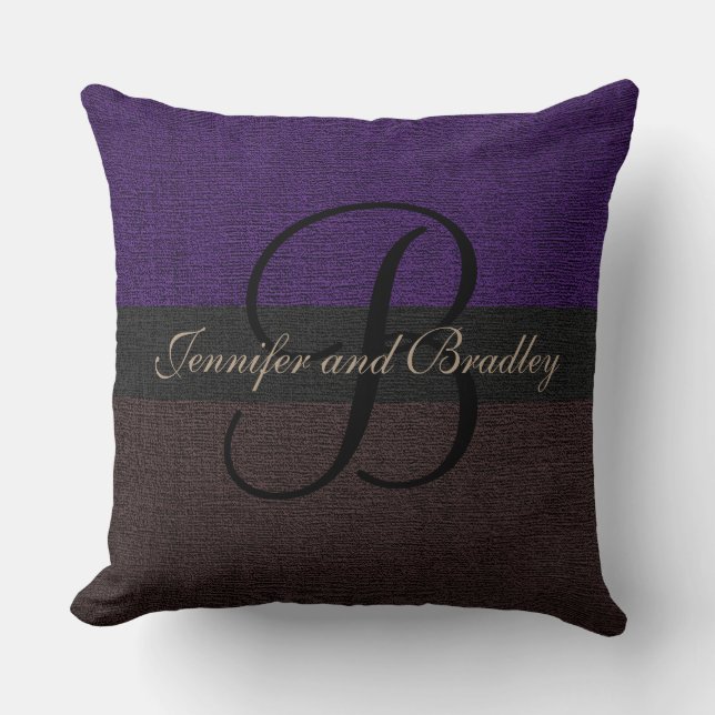 Purple and Brown Elegant Monogram Wedding Cushion (Front)