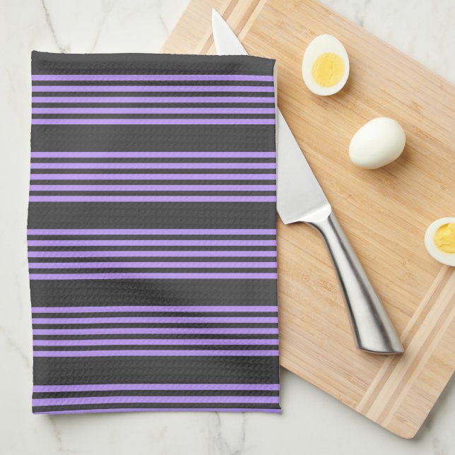 Purple and charcoal five stripe pattern tea towel (Quarter Fold)