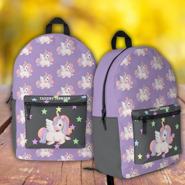 Purple and charcoal rainbow unicorn name  printed backpack (Creator Uploaded)