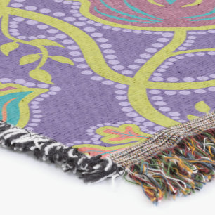 Purple and Chartreuse Floral Chintz Outdoor Rug Throw Blanket