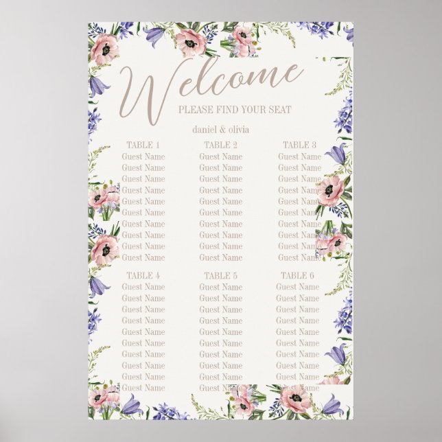 Purple and Cream Floral Bordered Seating Charts (Front)
