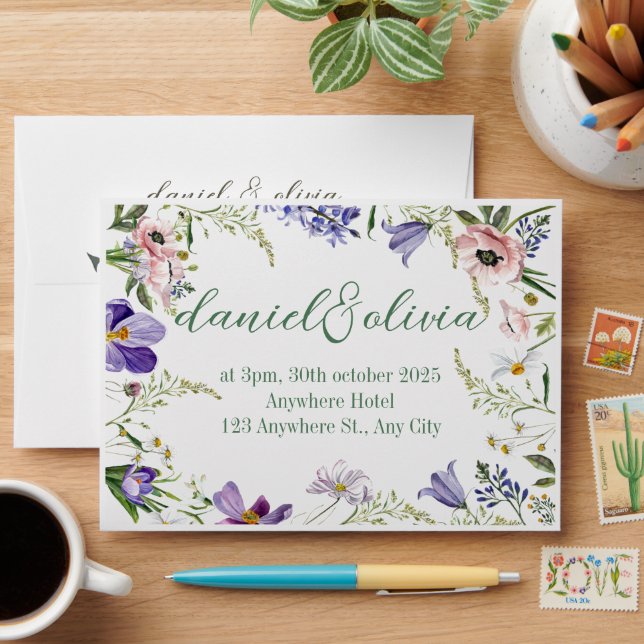 Purple and Cream Floral Bordered Wedding Envelope (Desk)