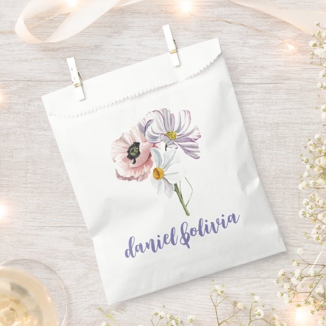 Purple and Cream Floral Bordered Wedding Favour Bag (Clipped)
