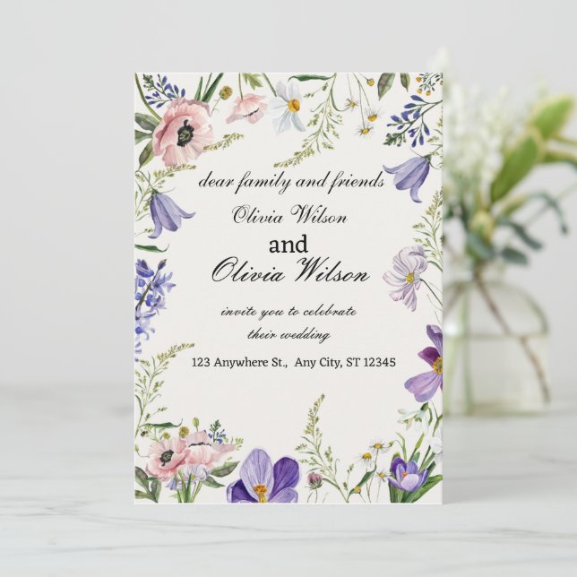 Purple and Cream Floral Bordered Wedding Invitatio Invitation (Standing Front)