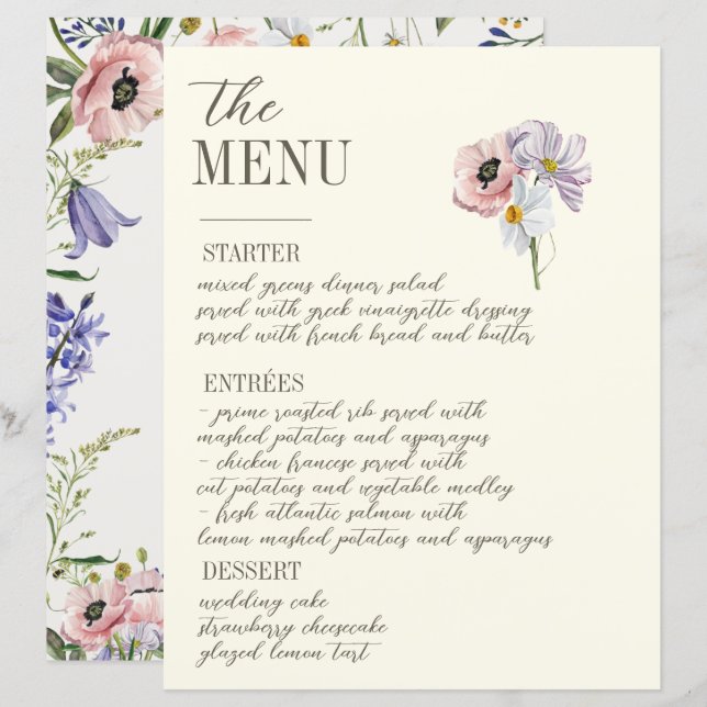 Purple and Cream Floral Bordered Wedding Menu (Front/Back)