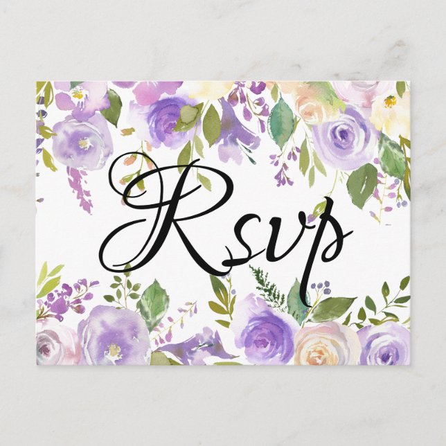 Purple and Cream Floral Wedding RSVP Meal Choices Invitation Postcard (Front)
