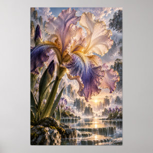 Purple and Cream Iris with Waterfall Landscape Wal Poster