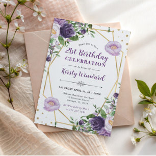 Purple and Cream Spring Flowers Frame Birthday Invitation